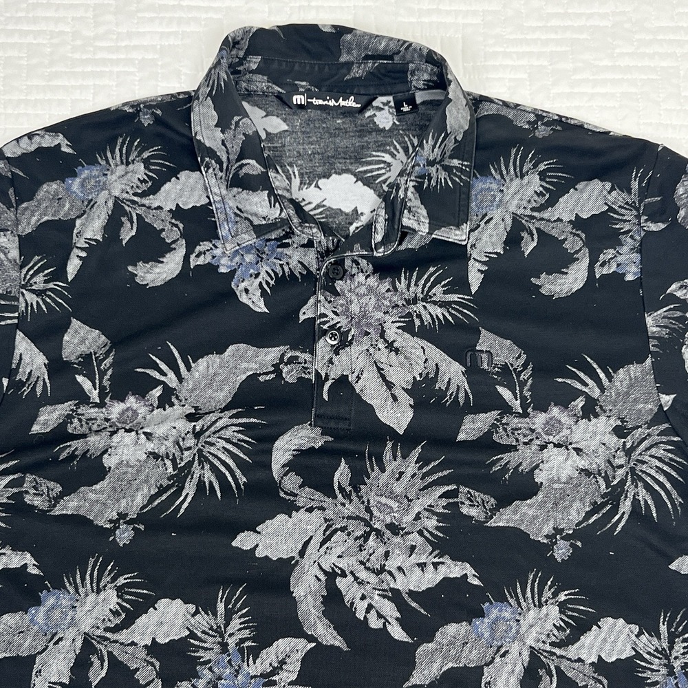 Travis Mathew Polo Shirt Mens L Black Golf Stretch Performance Floral Palms
